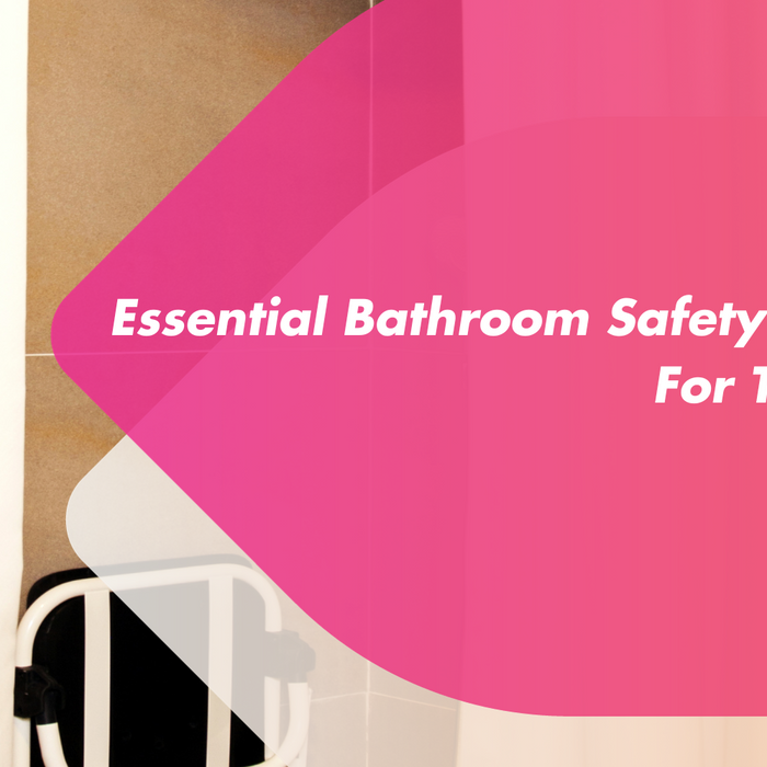 A bathroom with safety measures such as a bathing chair for use in the shower.