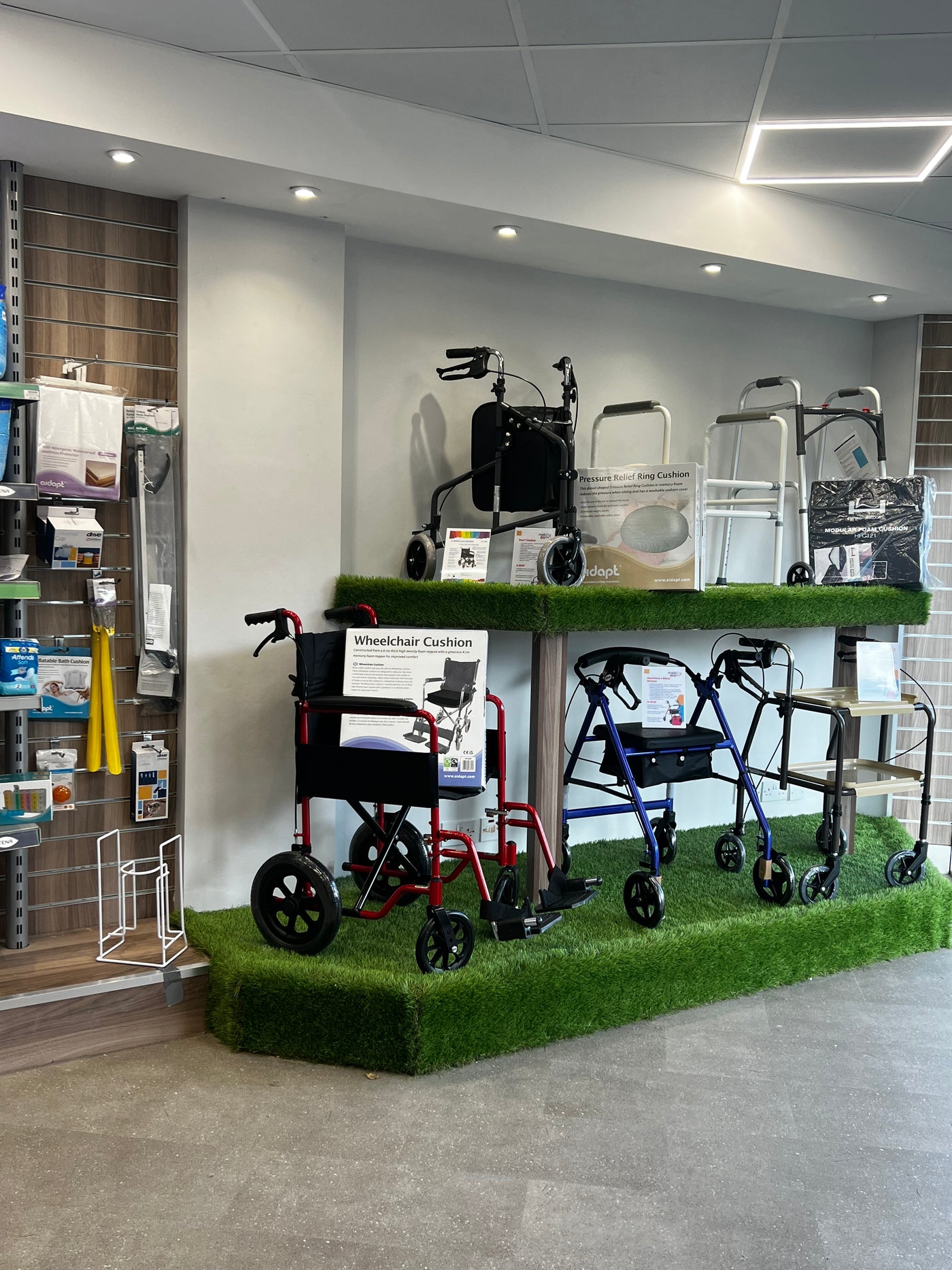 The walking aids on offer inside of a Mobility2You pharmacy.