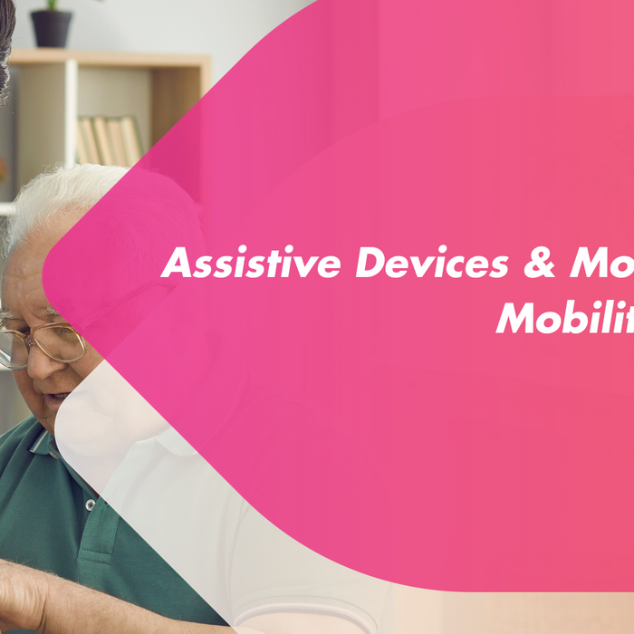 A nurse helps an elderly man with an assistive device.