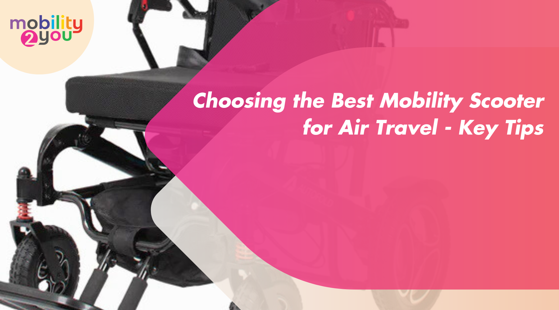 Mobility scooter positioned at an airport terminal with luggage nearby, highlighting features ideal for air travel and accessibility.