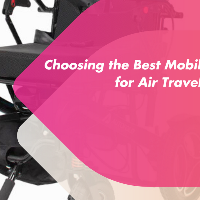 Mobility scooter positioned at an airport terminal with luggage nearby, highlighting features ideal for air travel and accessibility.