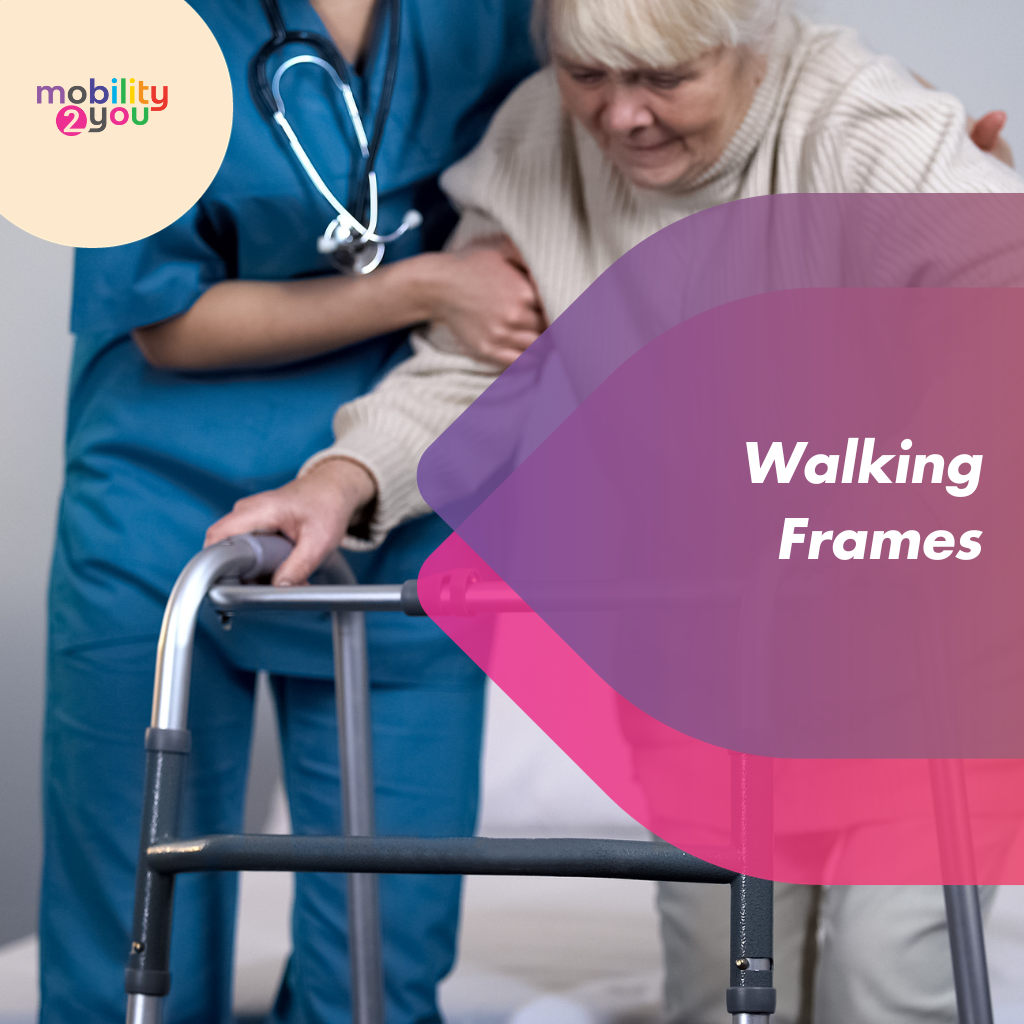An elderly lady using a walking frame to support herself.