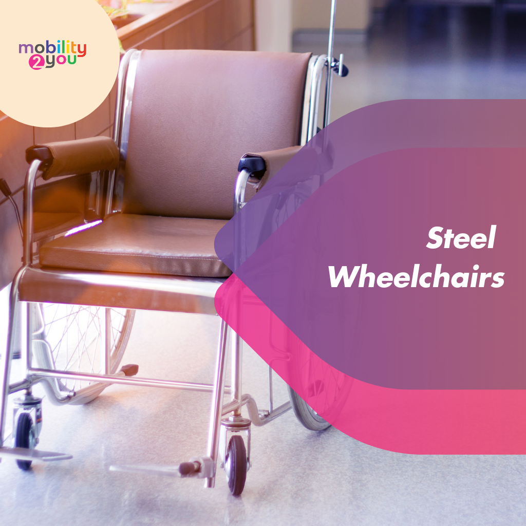A strong steel wheelchair waiting for a patient.