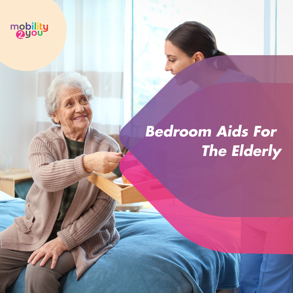 An elderly lady using a bedroom aid when eating breakfast.