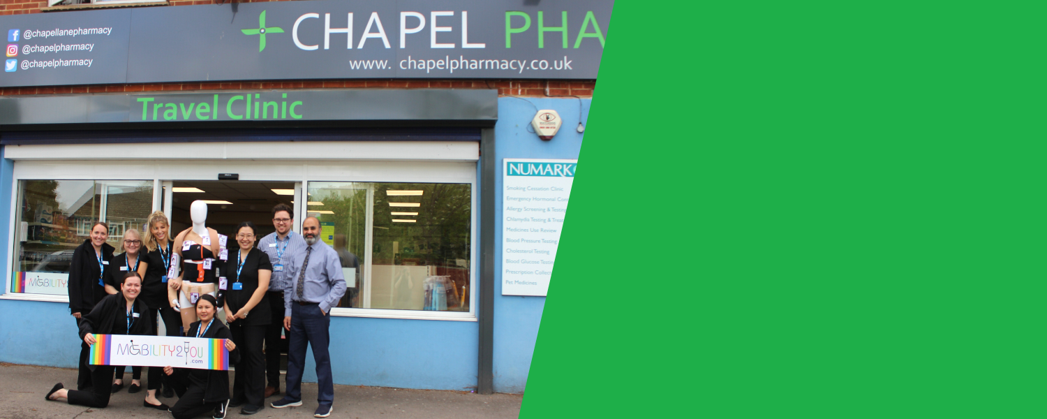 Chapel Pharmacy in Farnborough . The Team standing outside the shop with their Mobility2You Flamingo SPorts Supports Mannequin. 