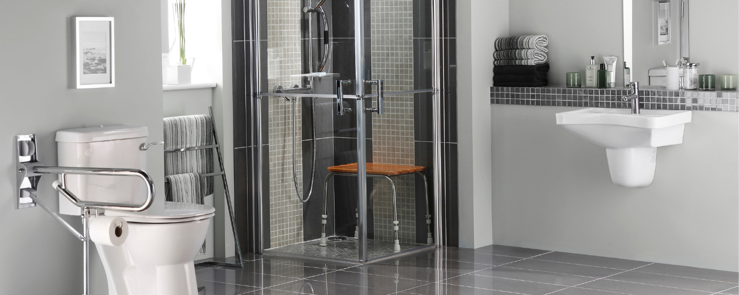 A bathroom with several mobility aids in it.