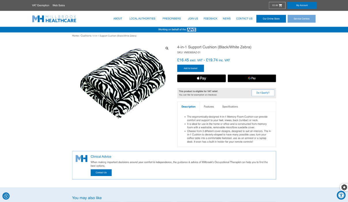 4-in-1 Support Cushion (Black/White Zebra) from Mobility 2 You - Mobility 2 You.