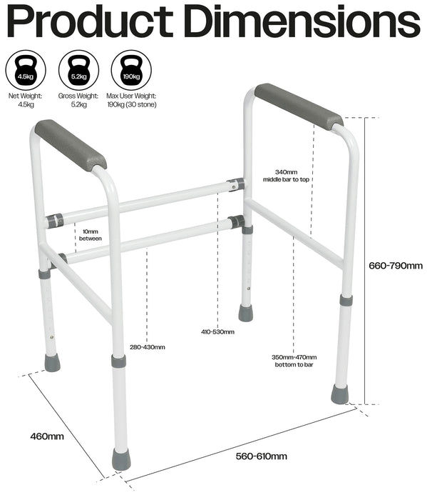 Ashford Height Adjustable Standing Toilet Frame White / Grey from Mobility 2 You - Mobility 2 You.